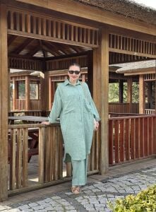 Pamuk-Keten oversize Takım Mint yeşil