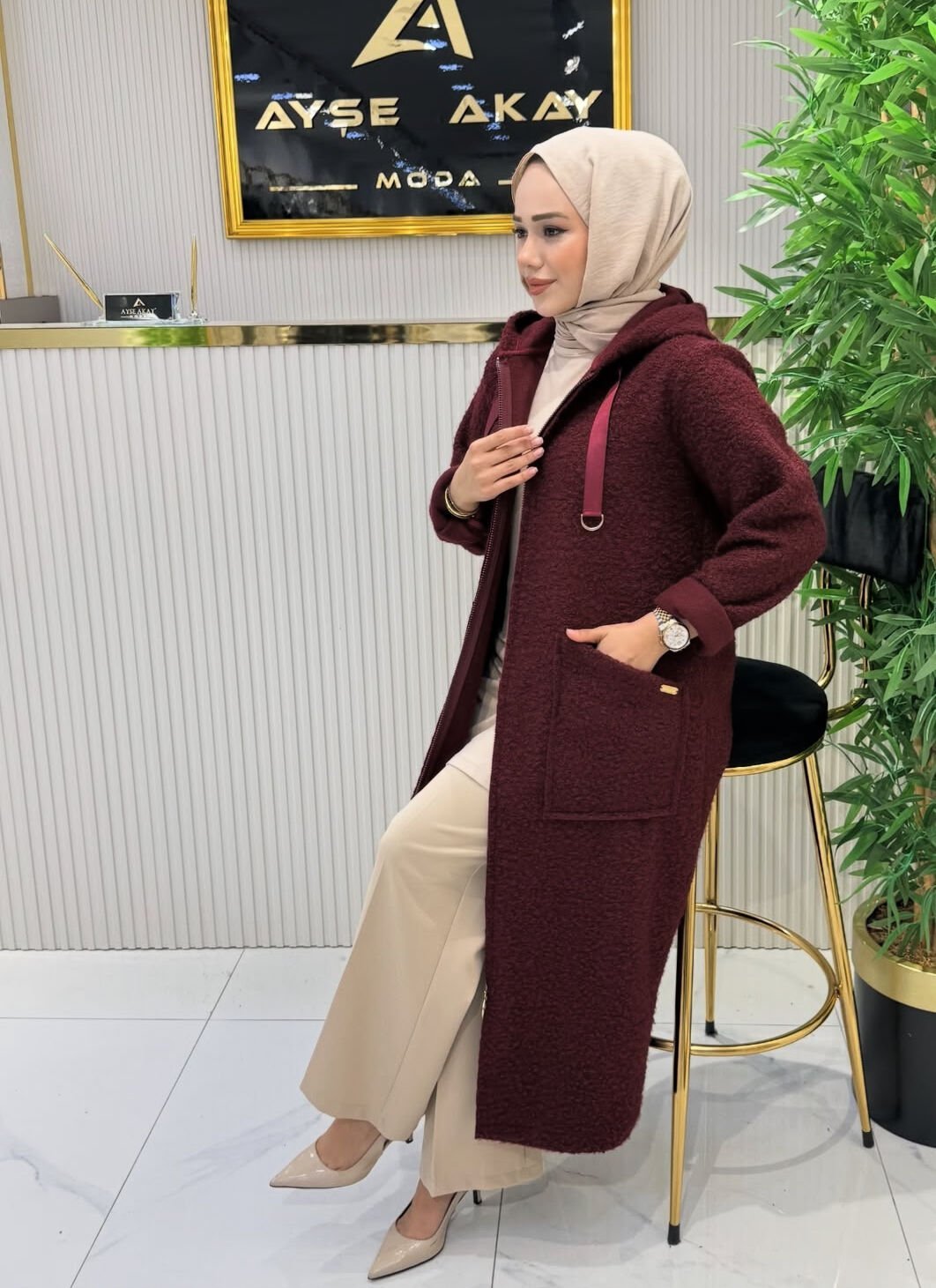 A.Akay Fermuarlı Kuzu Kaşe kap Bordo