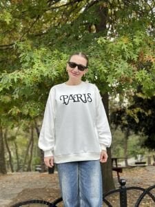 Düğme detaylı Paris sweatshirt