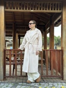 KREM Balıksırtı kuşaklı Kaşe Kaban