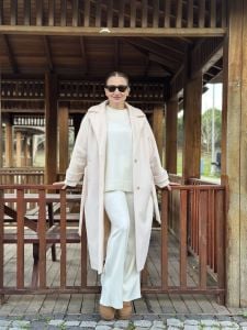 KREM Balıksırtı kuşaklı Kaşe Kaban