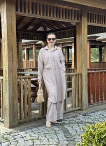 Pamuk-Keten oversize Takım kapuçino