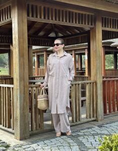 Pamuk-Keten oversize Takım kapuçino