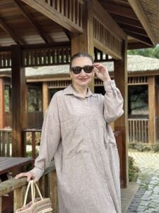 Pamuk-Keten oversize Takım kapuçino