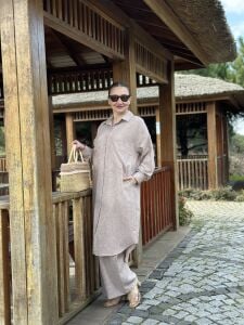 Pamuk-Keten oversize Takım kapuçino