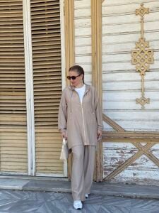 A.akay 4105 boncuk nakışlı takım bej