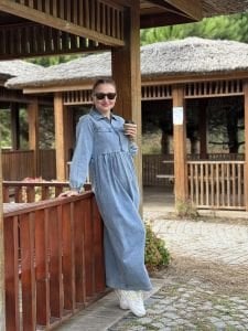 Liya fermuarlı kot elbise yıkama mavi