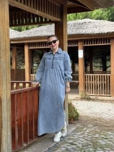 Liya fermuarlı kot elbise yıkama mavi