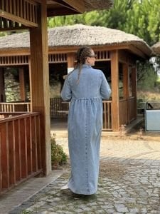 Liya fermuarlı kot elbise yıkama mavi