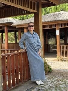 Liya fermuarlı kot elbise yıkama mavi