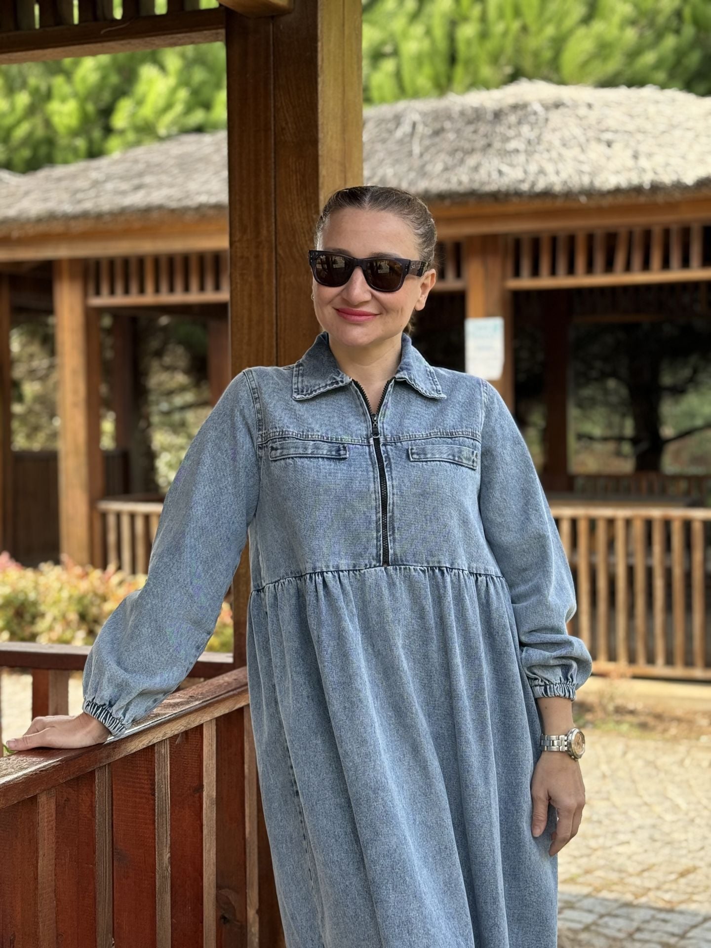 Liya fermuarlı kot elbise yıkama mavi