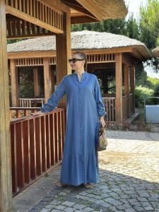 Tensel kot kemerli düğmeli elbise K.Mavi