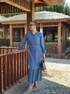 Tensel kot kemerli düğmeli elbise K.Mavi