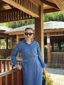 Tensel kot kemerli düğmeli elbise K.Mavi