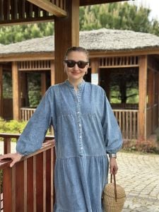 Yeni yıkama tensel kot katleya elbise