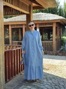 Tensel kot kemerli düğmeli elbise A.Mavi