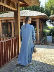 Tensel kot kemerli düğmeli elbise A.Mavi