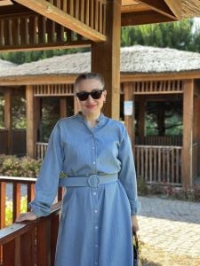 Tensel kot kemerli düğmeli elbise A.Mavi