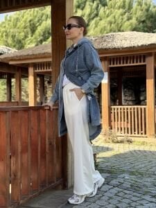 A.akay beli lastikli kumaş pantolon beyaz