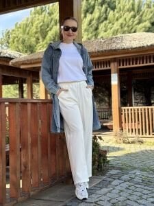 A.akay beli lastikli kumaş pantolon beyaz