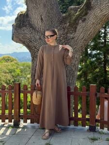 A.akay lamina keten elbise camel