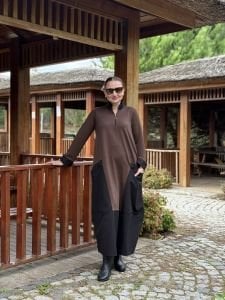 Fermuarlı Oysho tasarım elbise kahve