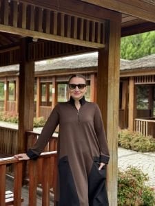 Fermuarlı Oysho tasarım elbise kahve