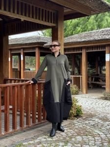 Fermuarlı Oysho tasarım elbise Haki