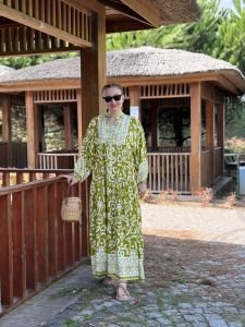 Viskon Yağ yeşili kalp katleya elbise