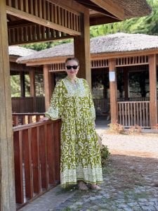 Viskon Yağ yeşili kalp katleya elbise