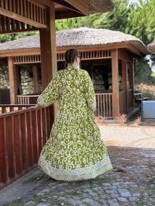 Viskon Yağ yeşili kalp katleya elbise