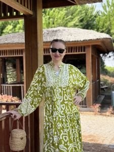 Viskon Yağ yeşili kalp katleya elbise