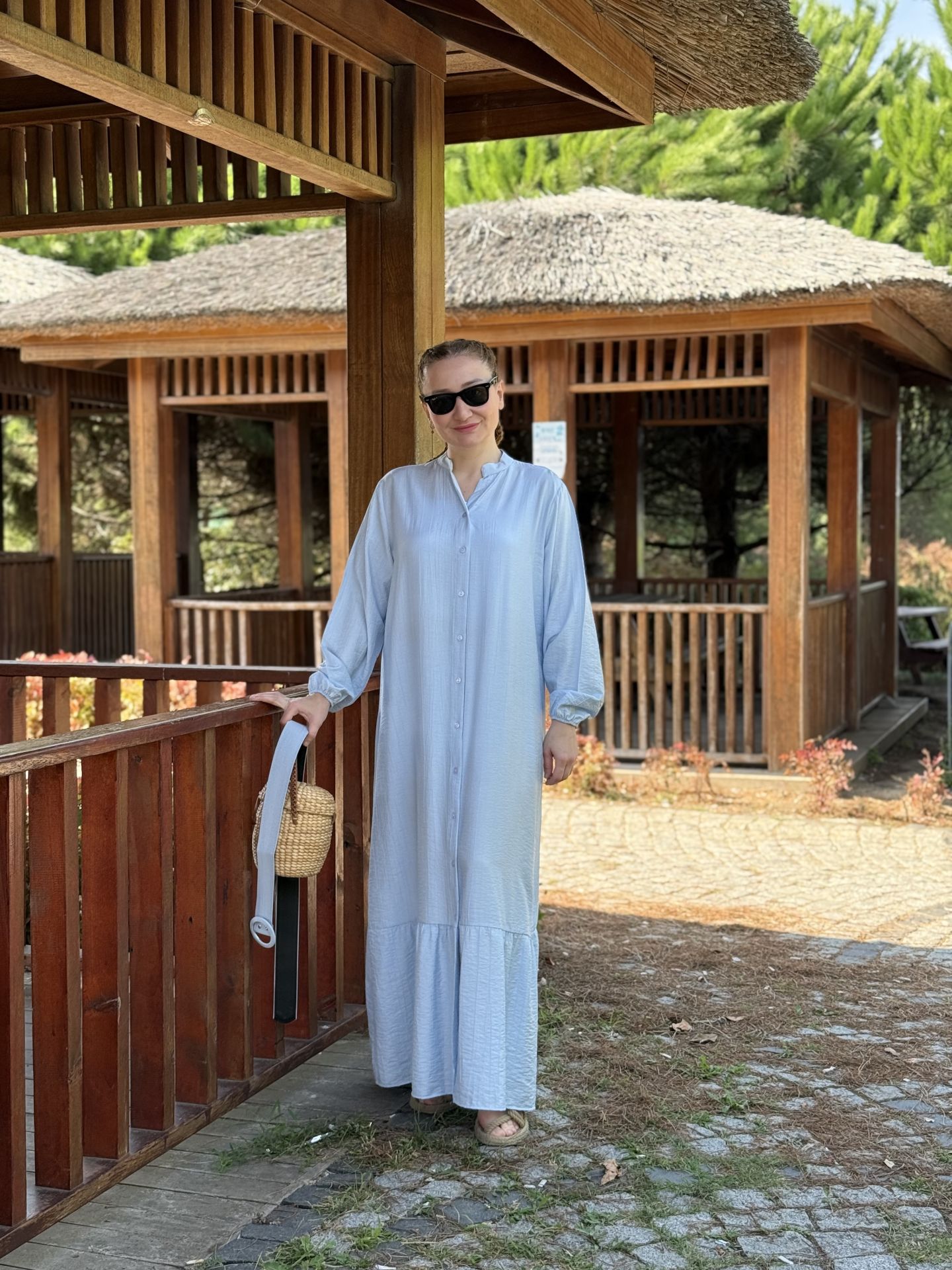 Tensel pamuk kemerli düğmeli elbise bebe mavi