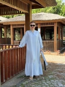 Tensel pamuk kemerli düğmeli elbise bebe mavi