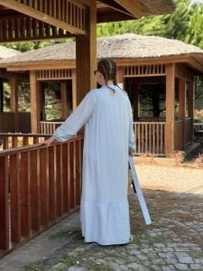 Tensel pamuk kemerli düğmeli elbise bebe mavi