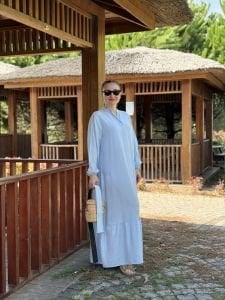 Tensel pamuk kemerli düğmeli elbise bebe mavi