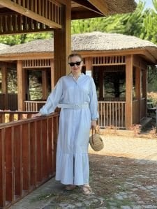 Tensel pamuk kemerli düğmeli elbise bebe mavi