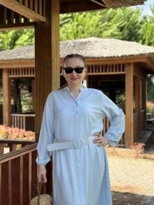 Tensel pamuk kemerli düğmeli elbise bebe mavi