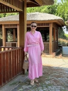 Tensel pamuk kemerli düğmeli elbise pembe