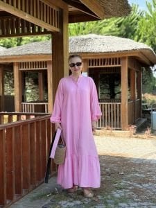 Tensel pamuk kemerli düğmeli elbise pembe