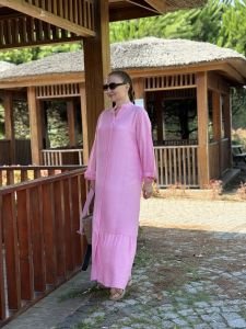 Tensel pamuk kemerli düğmeli elbise pembe