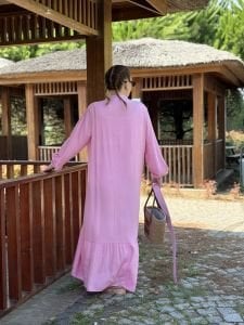 Tensel pamuk kemerli düğmeli elbise pembe