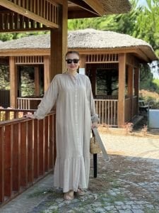 Tensel pamuk kemerli düğmeli elbise taş