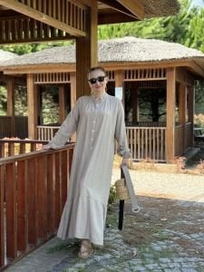 Tensel pamuk kemerli düğmeli elbise taş