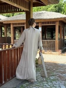 Tensel pamuk kemerli düğmeli elbise taş