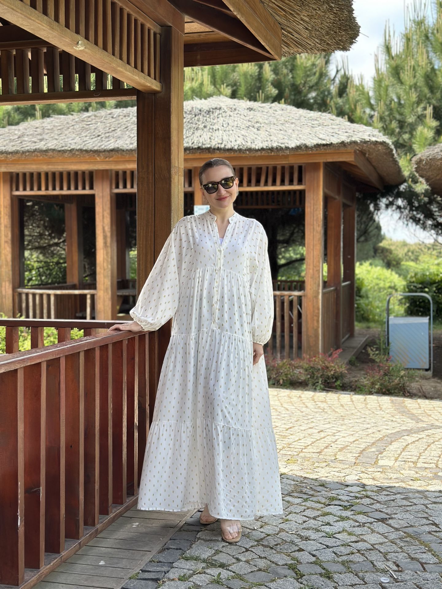 Mini desen Varaklı Viskon Elbise Beyaz