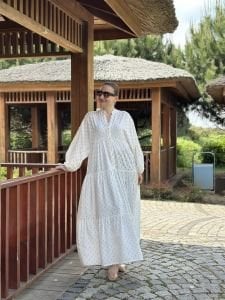 Mini desen Varaklı Viskon Elbise Beyaz