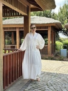 Mini desen Varaklı Viskon Elbise Beyaz