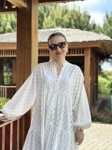 Mini desen Varaklı Viskon Elbise Beyaz