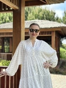 Mini desen Varaklı Viskon Elbise Beyaz